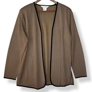 Misook L Tan Black Herringbone Knit Open Front Cardigan Chevron Quiet Luxury